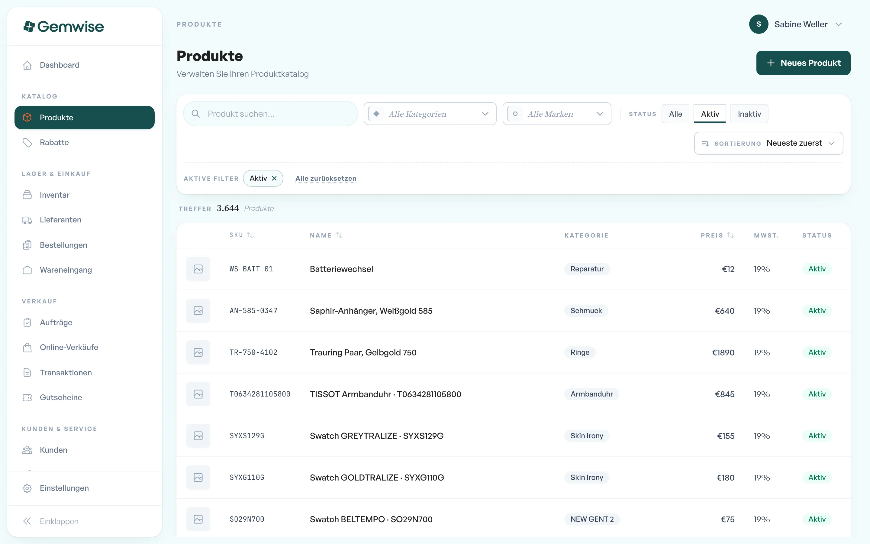 The product list in the Gemwise back office with over 3,600 items, categories, prices and status filters.