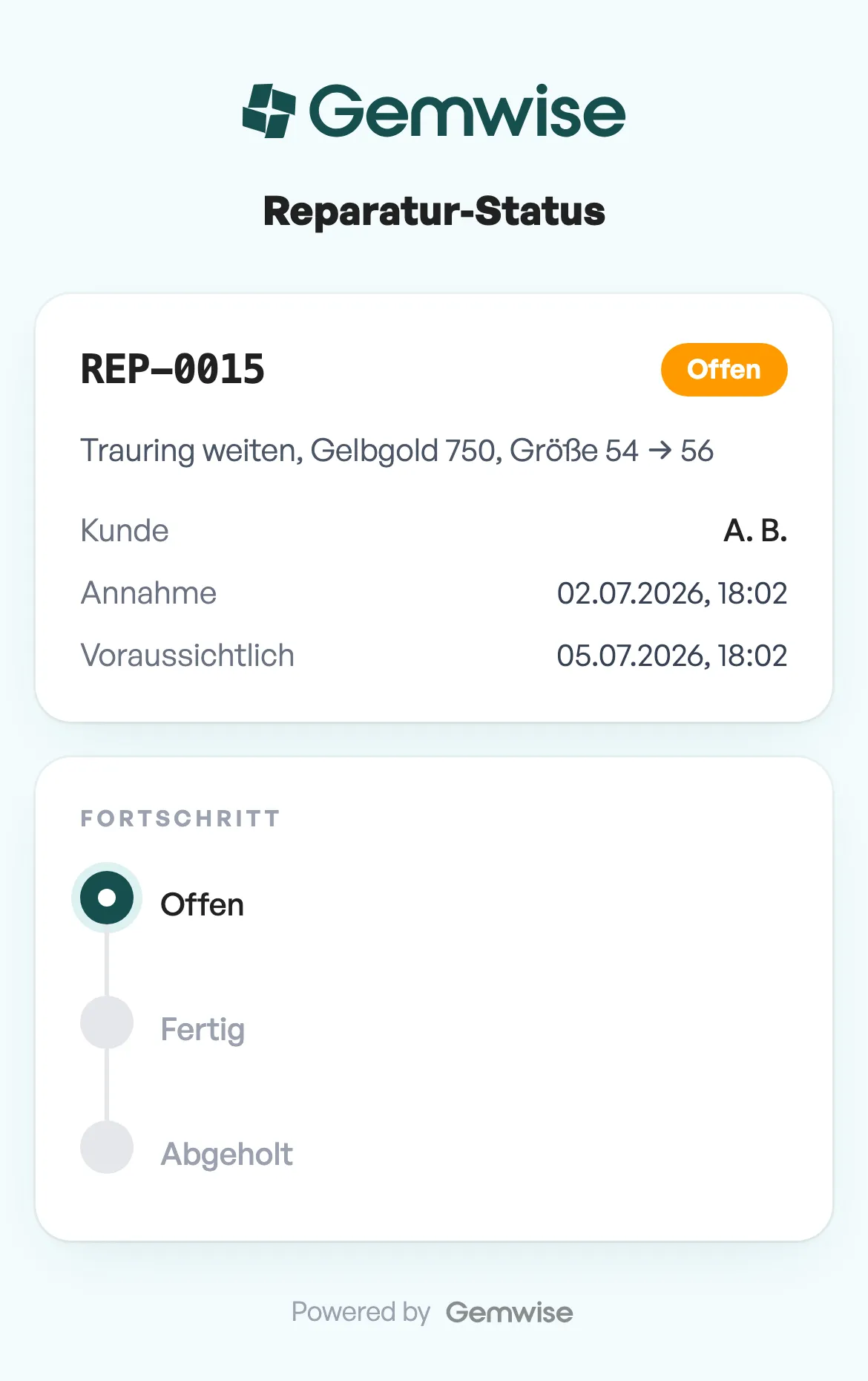 Die Reparatur-Status-Seite auf dem Handy mit Auftragsnummer, Beschreibung und Fortschrittsanzeige.